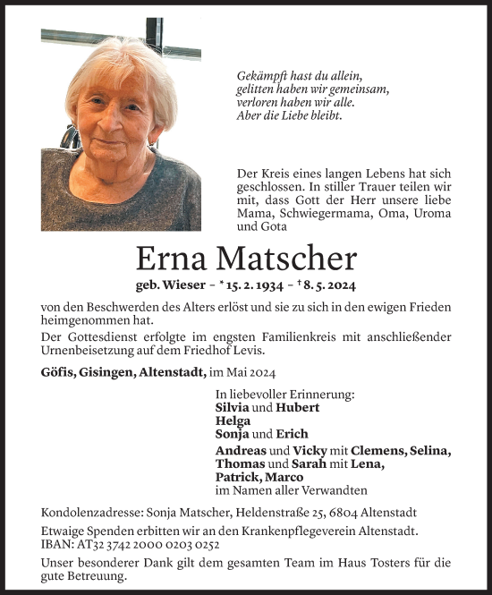 Todesanzeige von Erna Matscher von Vorarlberger Nachrichten