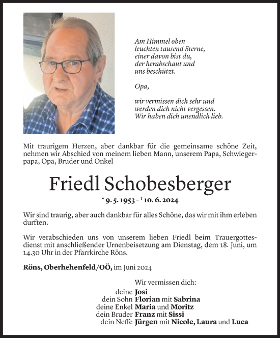 Todesanzeige von Friedl Schobesberger von Vorarlberger Nachrichten