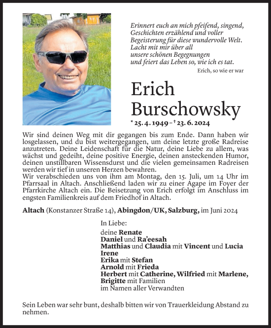 Todesanzeige von Erich Burschowsky von Vorarlberger Nachrichten