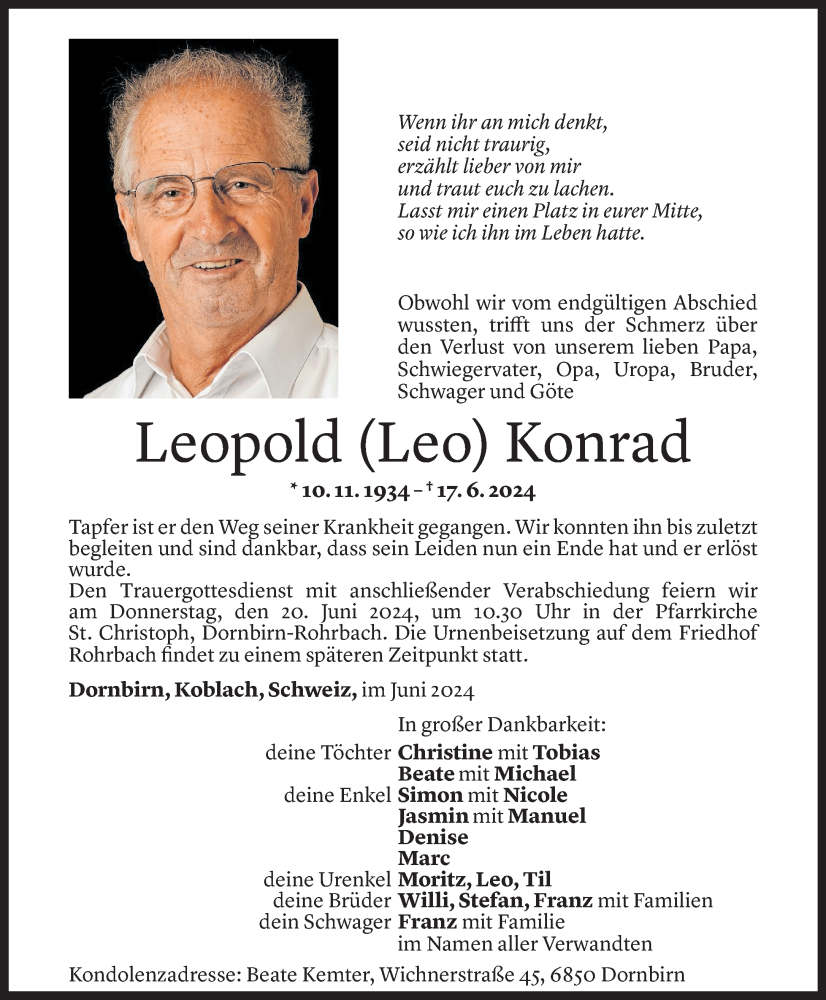  Todesanzeige für Leopold Konrad vom 18.06.2024 aus Vorarlberger Nachrichten