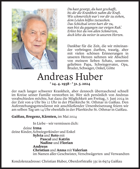 Todesanzeige von Andreas Huber von Vorarlberger Nachrichten