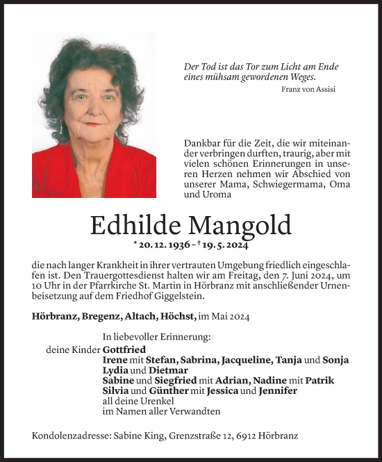 Todesanzeige von Edhilde Mangold von Vorarlberger Nachrichten
