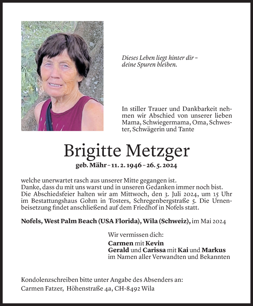  Todesanzeige für Brigitte Metzger vom 07.06.2024 aus Vorarlberger Nachrichten