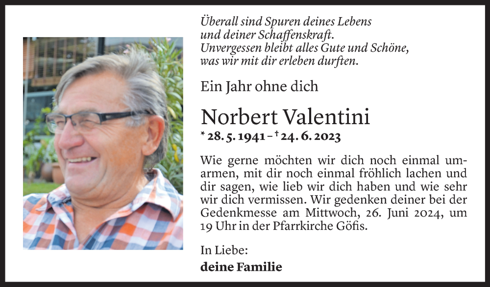  Todesanzeige für Norbert Valentini vom 25.06.2024 aus Vorarlberger Nachrichten