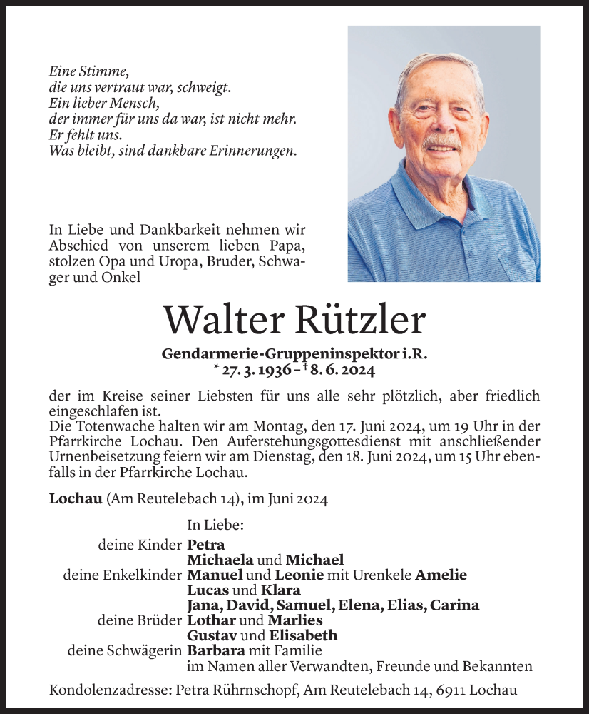  Todesanzeige für Walter Rützler vom 13.06.2024 aus Vorarlberger Nachrichten