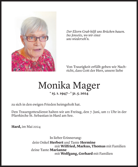Todesanzeige von Monika Mager von Vorarlberger Nachrichten