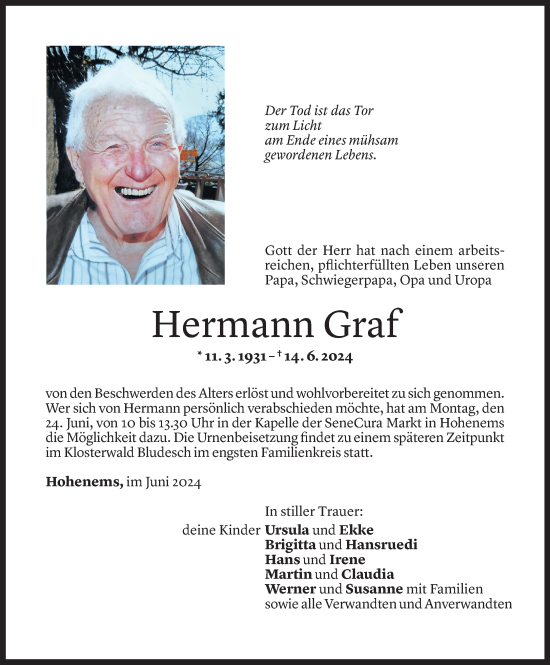 Todesanzeige von Hermann Graf von Vorarlberger Nachrichten