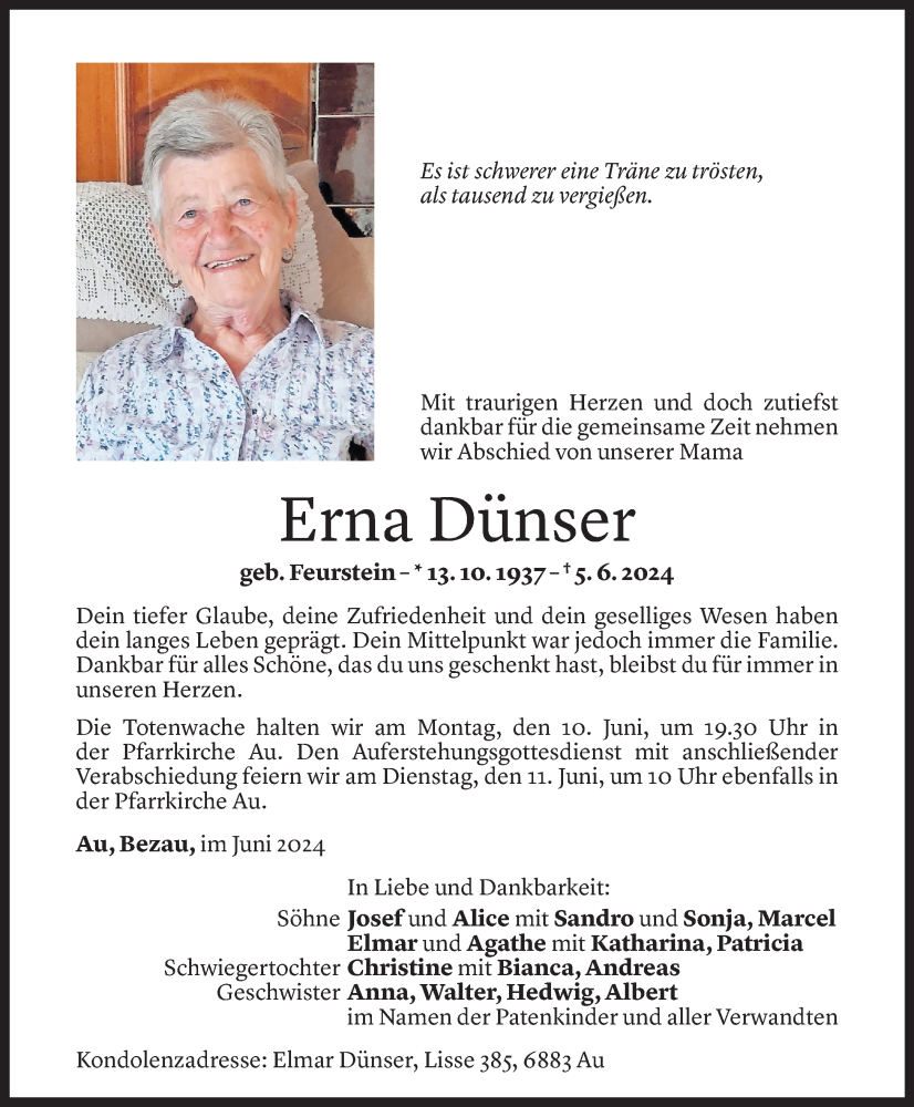  Todesanzeige für Erna Dünser vom 07.06.2024 aus Vorarlberger Nachrichten