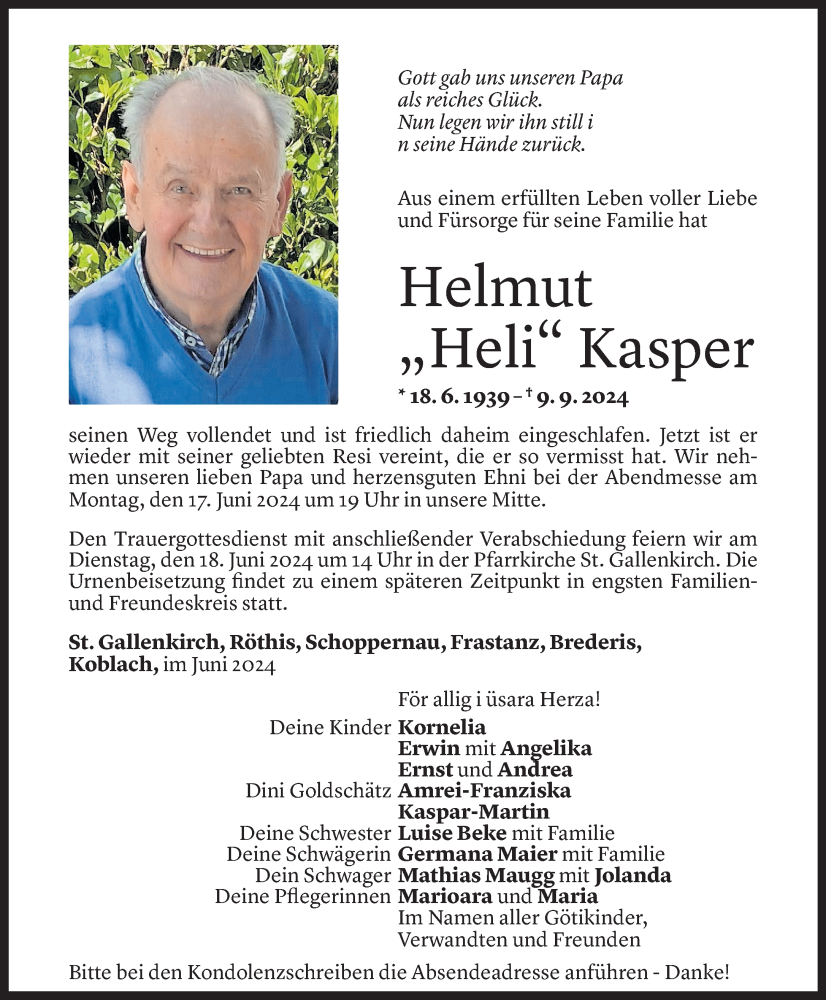  Todesanzeige für Helmut Kasper vom 15.06.2024 aus Vorarlberger Nachrichten