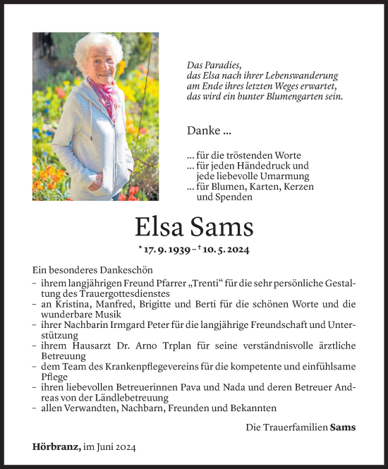 Todesanzeige von Elsa Sams von Vorarlberger Nachrichten