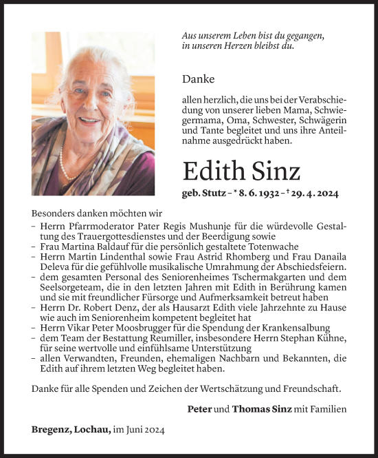 Todesanzeige von Edith Sinz von Vorarlberger Nachrichten