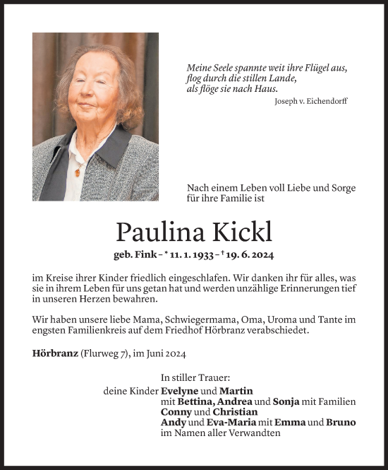 Todesanzeige von Paulina Kickl von Vorarlberger Nachrichten