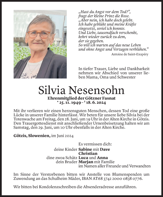 Todesanzeige von Silvia Nesensohn von Vorarlberger Nachrichten