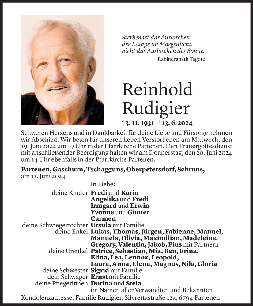  Todesanzeige für Reinhold Rudigier vom 17.06.2024 aus Vorarlberger Nachrichten