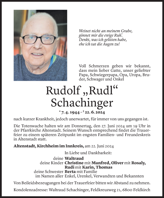 Todesanzeige von Rudolf Schachinger von Vorarlberger Nachrichten