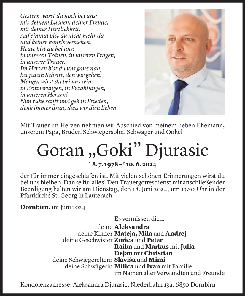  Todesanzeige für Goran Djurasic vom 14.06.2024 aus Vorarlberger Nachrichten
