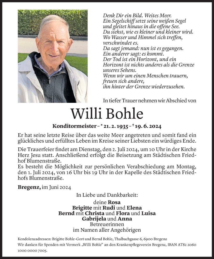  Todesanzeige für Willi Bohle vom 29.06.2024 aus Vorarlberger Nachrichten