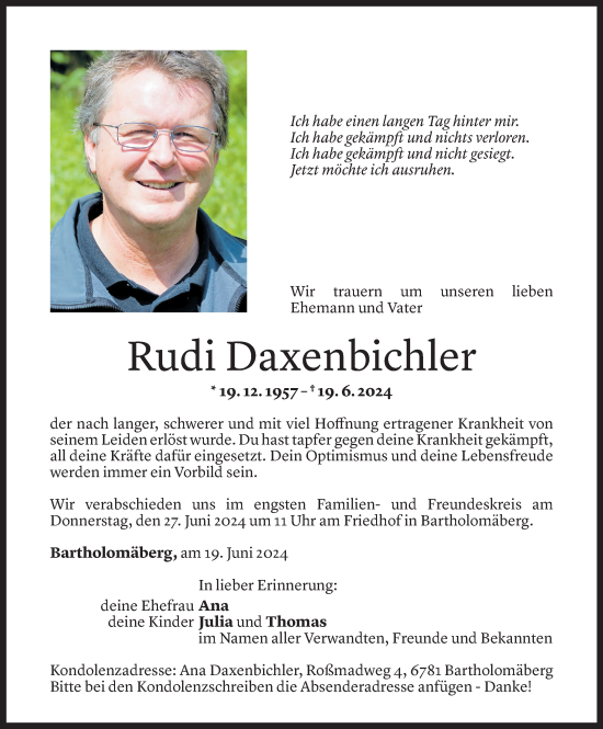 Todesanzeige von Rudi Daxenbichler von Vorarlberger Nachrichten