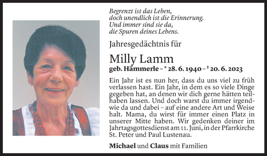 Todesanzeige von Milly Lamm von Vorarlberger Nachrichten