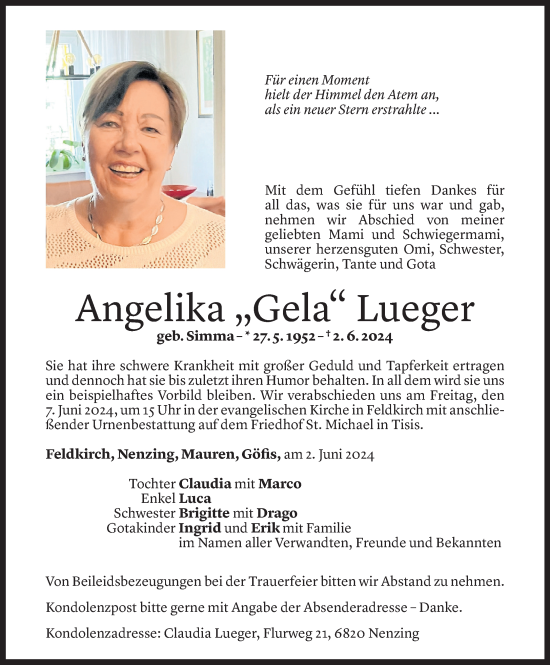 Todesanzeige von Angelika Lueger von Vorarlberger Nachrichten