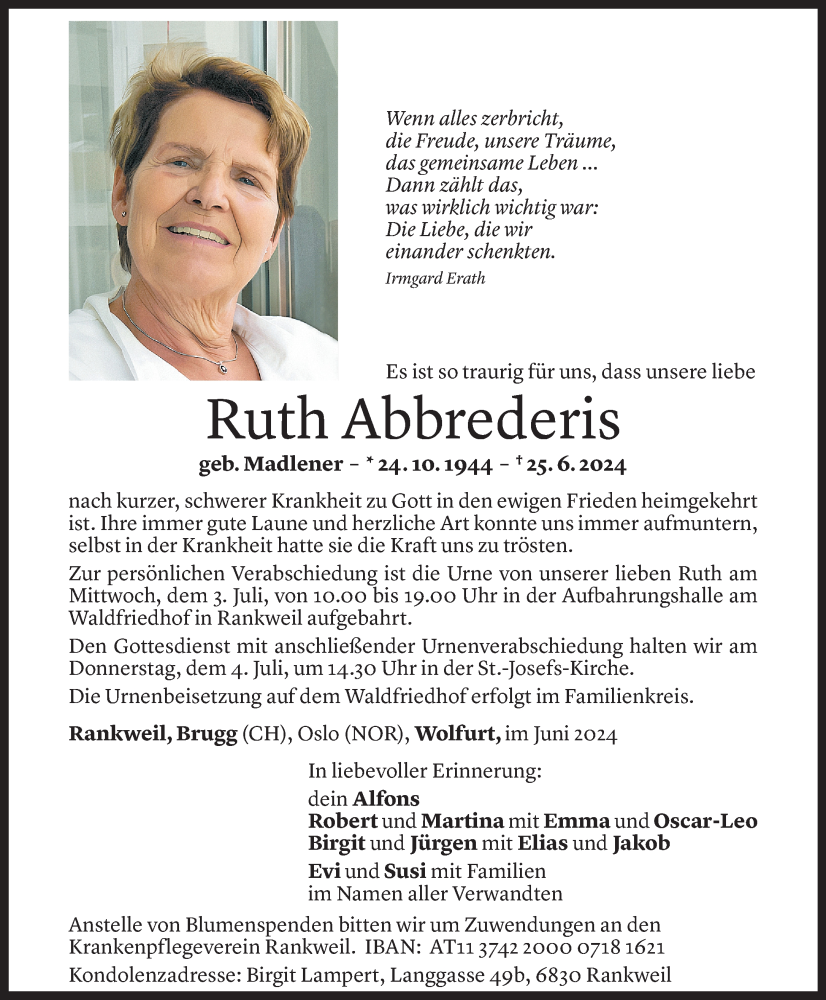  Todesanzeige für Ruth Abbrederis vom 29.06.2024 aus Vorarlberger Nachrichten