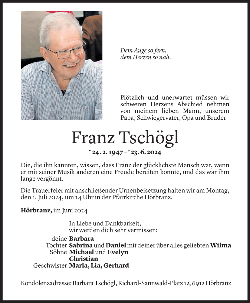  Todesanzeige für Franz Tschögl vom 25.06.2024 aus Vorarlberger Nachrichten