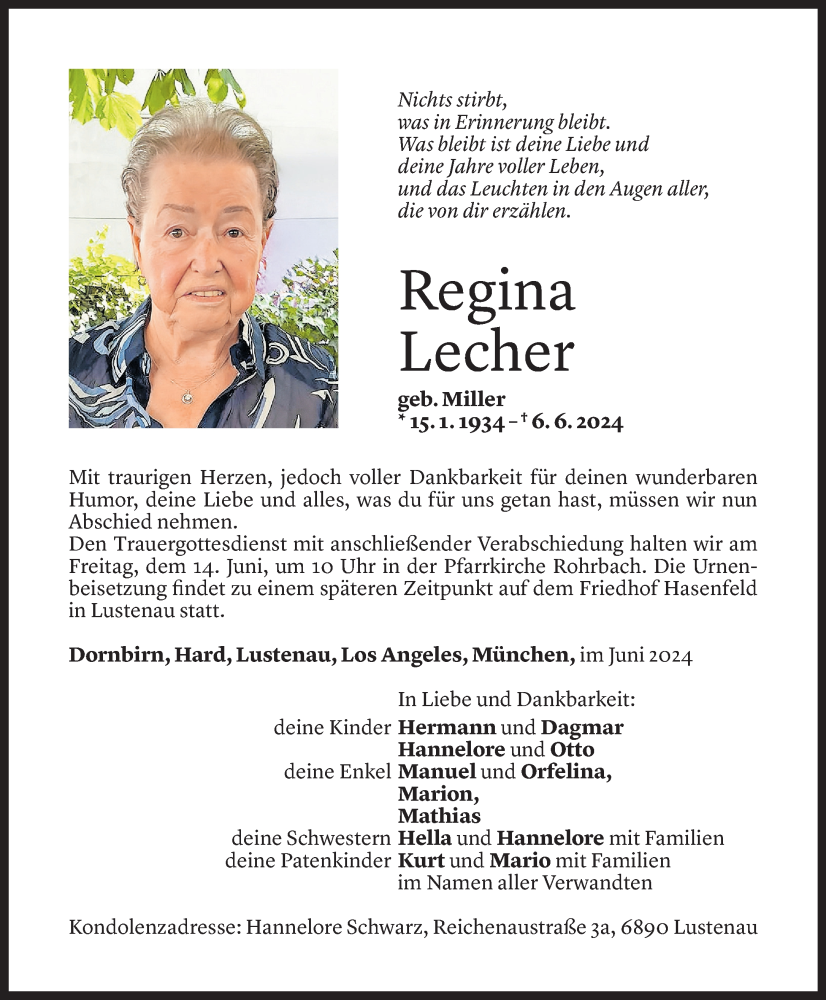  Todesanzeige für Regina Lecher vom 12.06.2024 aus Vorarlberger Nachrichten