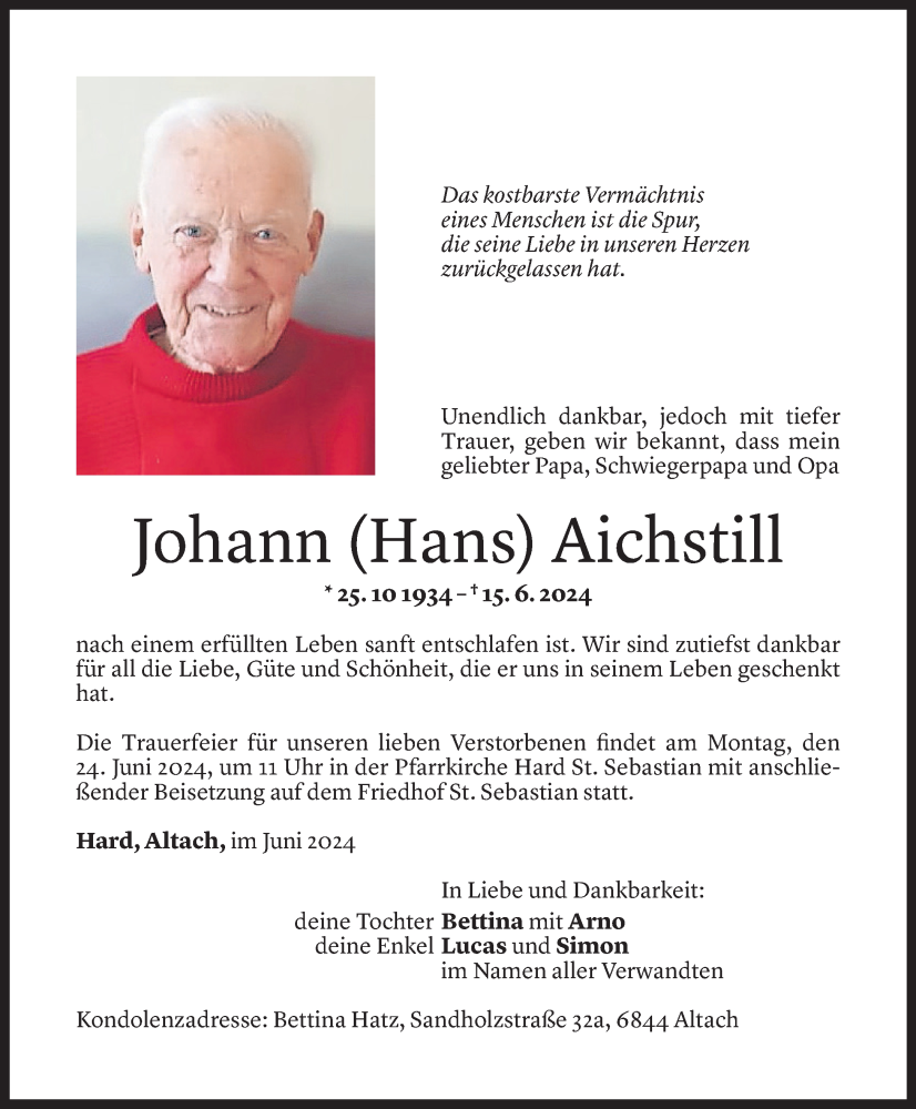  Todesanzeige für Johann Aichstill vom 19.06.2024 aus Vorarlberger Nachrichten