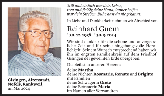 Todesanzeige von Reinhard Guem von Vorarlberger Nachrichten