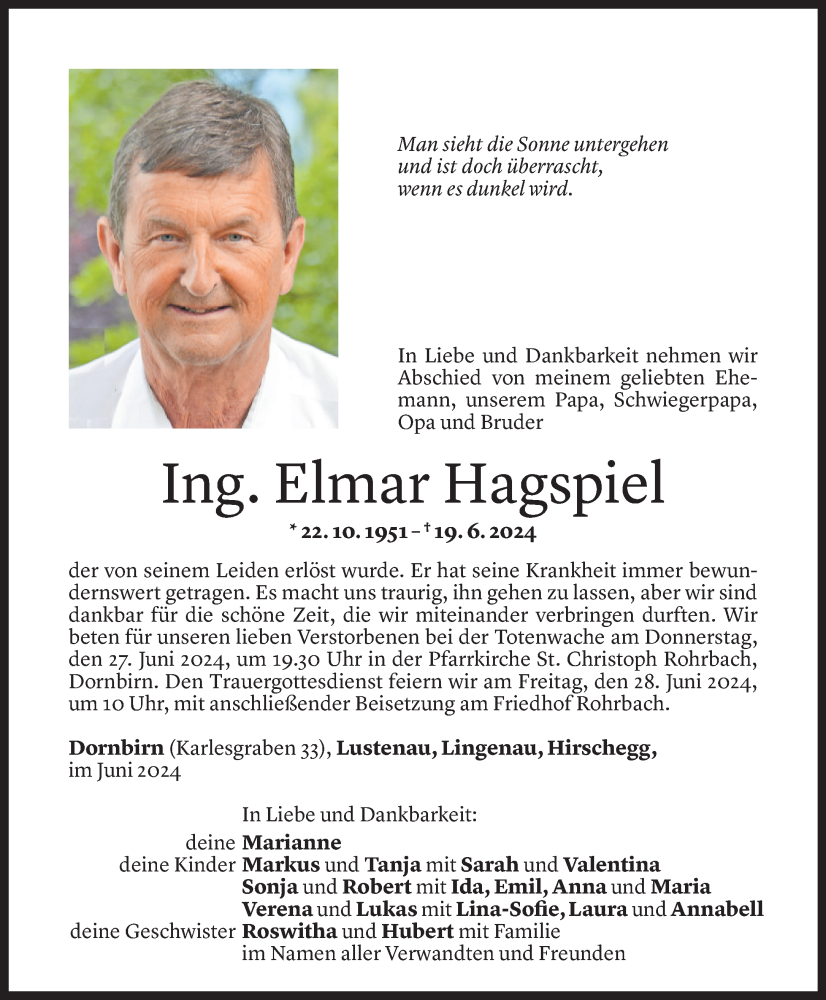  Todesanzeige für Elmar Hagspiel vom 23.06.2024 aus Vorarlberger Nachrichten