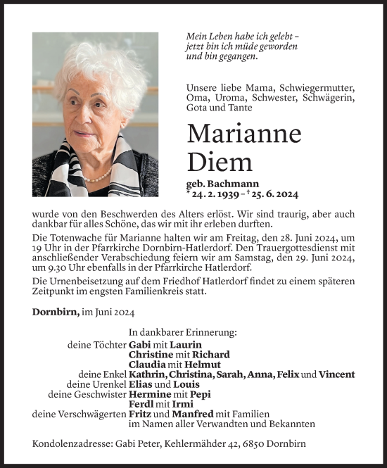 Todesanzeige von Marianne Diem von Vorarlberger Nachrichten