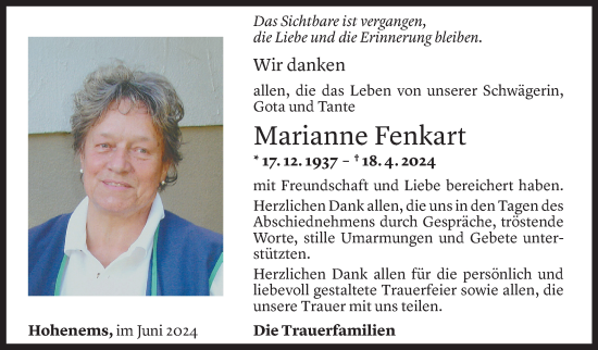 Todesanzeige von Marianne Fenkart von Vorarlberger Nachrichten