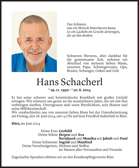 Todesanzeige von Hans Schacherl von Vorarlberger Nachrichten