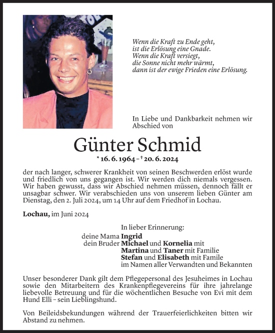 Todesanzeige von Günter Schmid von Vorarlberger Nachrichten