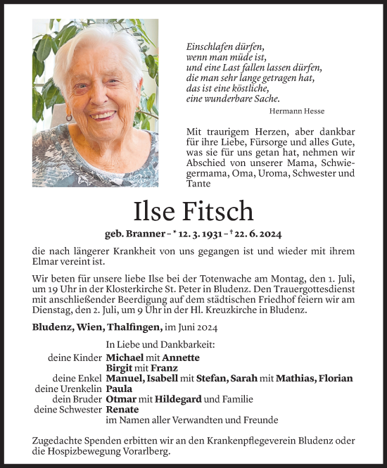 Todesanzeige von Ilse Fitsch von Vorarlberger Nachrichten