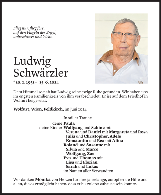 Todesanzeige von Ludwig Schwärzler von Vorarlberger Nachrichten