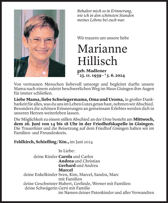 Todesanzeige von Marianne Hillisch von Vorarlberger Nachrichten