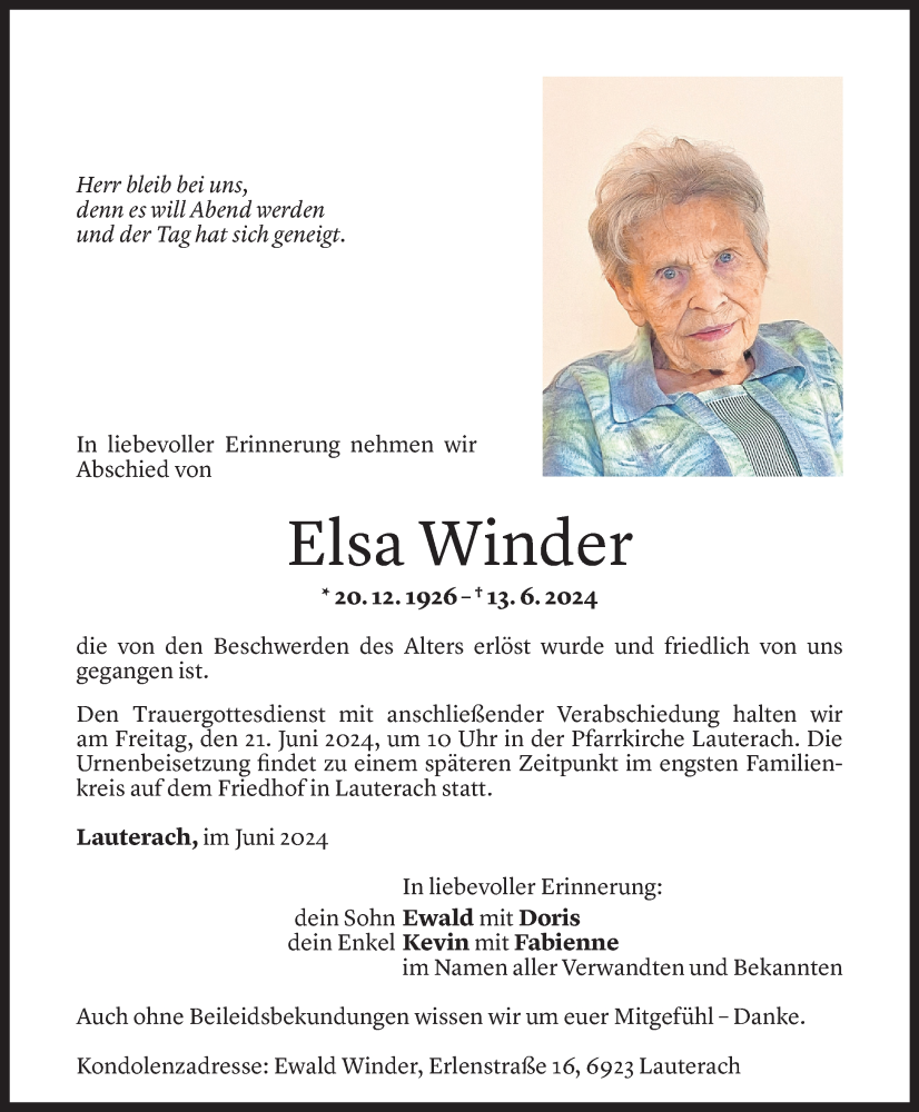  Todesanzeige für Elsa Winder vom 18.06.2024 aus Vorarlberger Nachrichten