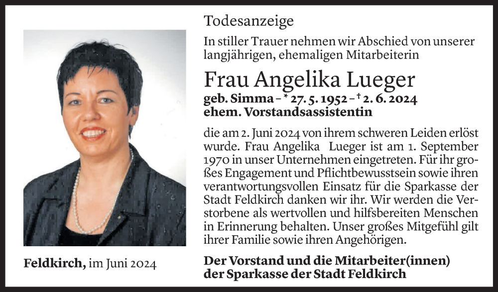  Todesanzeige für Angelika Lueger vom 05.06.2024 aus Vorarlberger Nachrichten