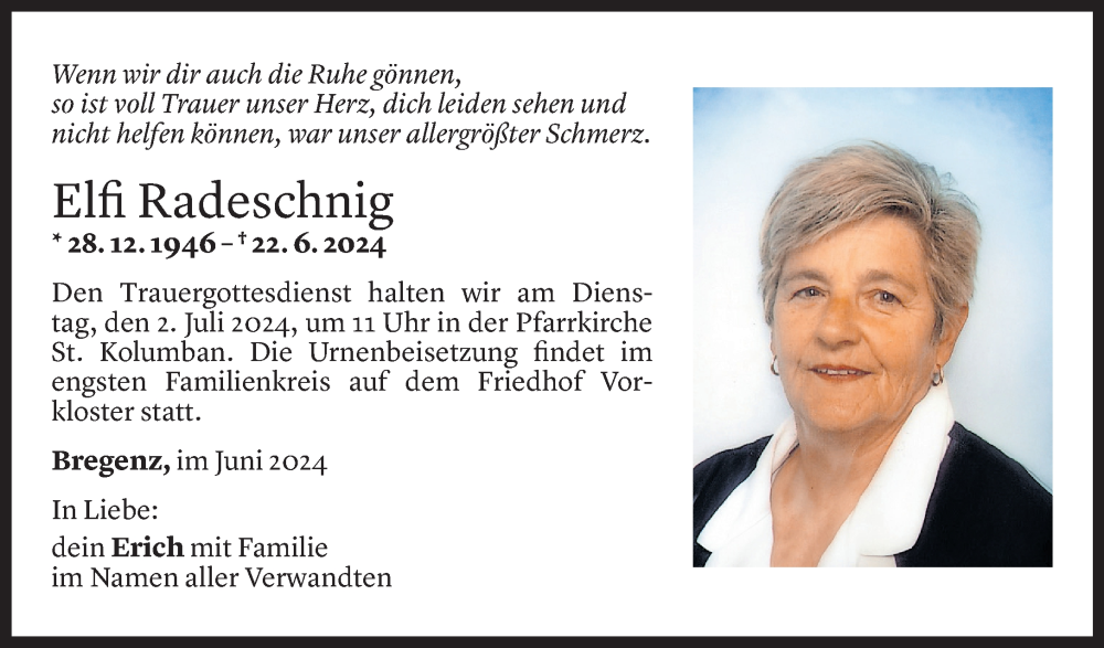  Todesanzeige für Elfi Radeschnig vom 28.06.2024 aus Vorarlberger Nachrichten