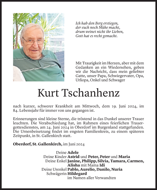 Todesanzeige von Kurt Tschanhenz von Vorarlberger Nachrichten