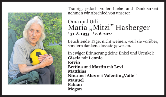 Todesanzeige von Maria Hasberger von Vorarlberger Nachrichten