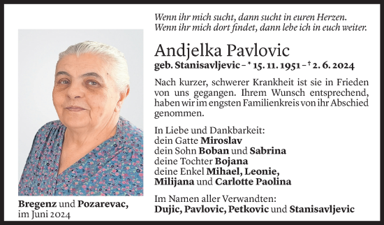 Todesanzeige von Andjelka Pavlovic von Vorarlberger Nachrichten