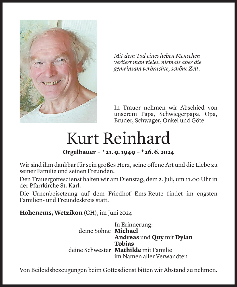  Todesanzeige für Kurt Reinhard vom 28.06.2024 aus Vorarlberger Nachrichten