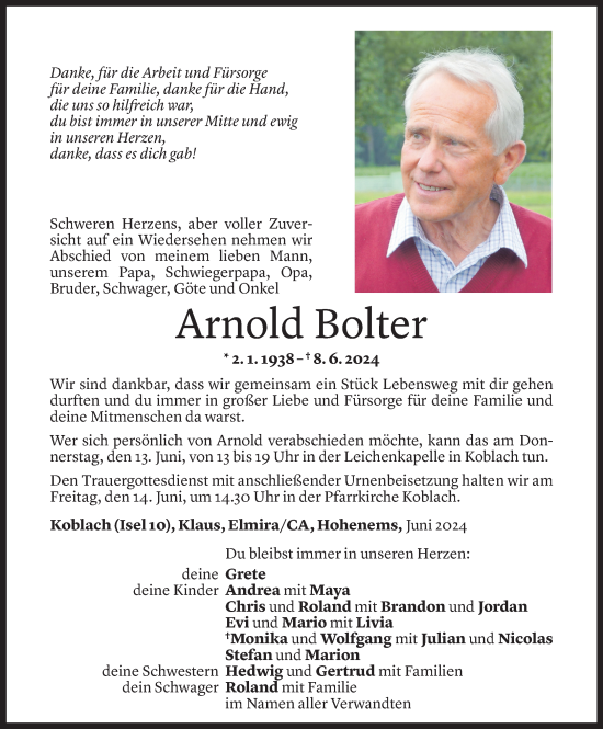 Todesanzeige von Arnold Bolter von Vorarlberger Nachrichten