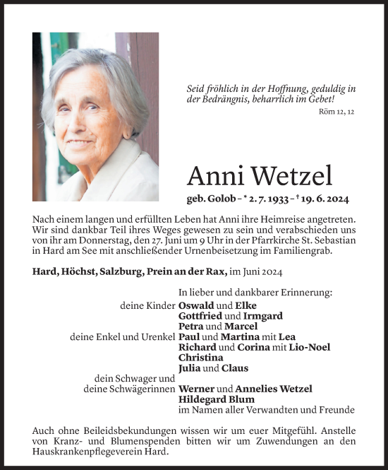 Todesanzeige von Anni Wetzel von Vorarlberger Nachrichten