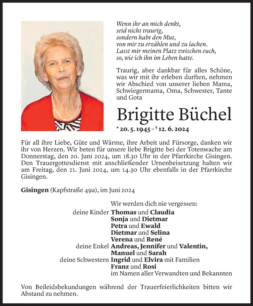  Todesanzeige für Brigitte Büchel vom 17.06.2024 aus Vorarlberger Nachrichten