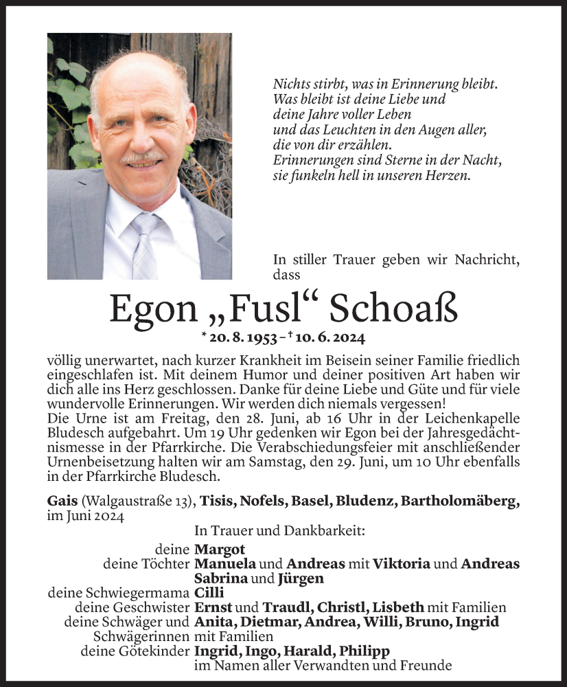  Todesanzeige für Egon Schoaß vom 26.06.2024 aus Vorarlberger Nachrichten