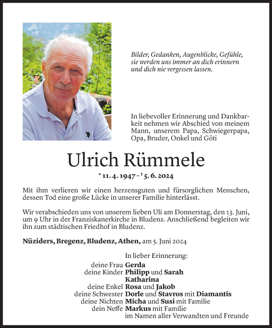 Todesanzeige von Ulrich Rümmele von Vorarlberger Nachrichten