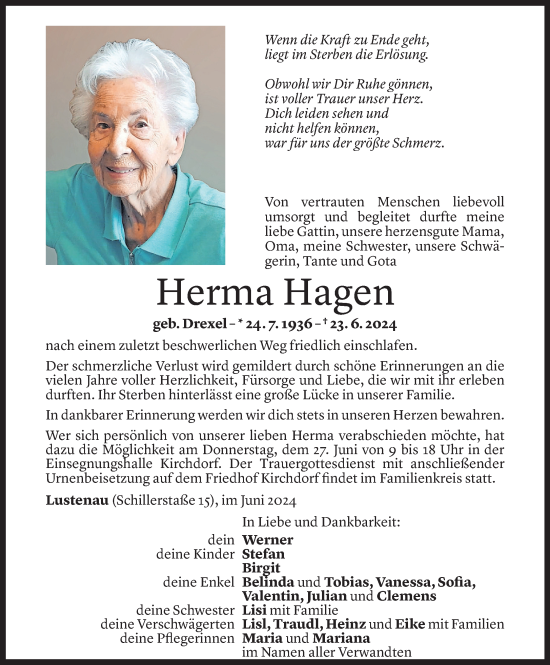 Todesanzeige von Herma Hagen von Vorarlberger Nachrichten